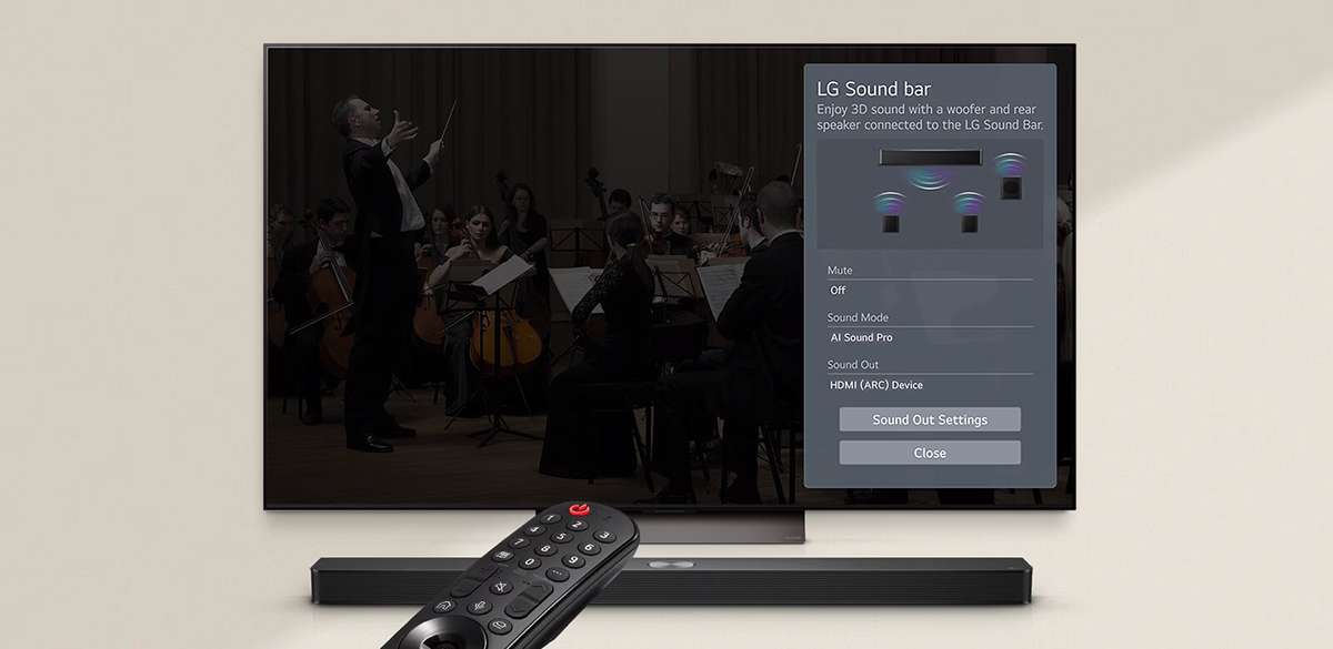 Το τηλεχειριστήριο LG δείχνει μια LG TV με το LG Soundbar κάτω. Μια LG TV δείχνει το μενού WOW Interface στην οθόνη.